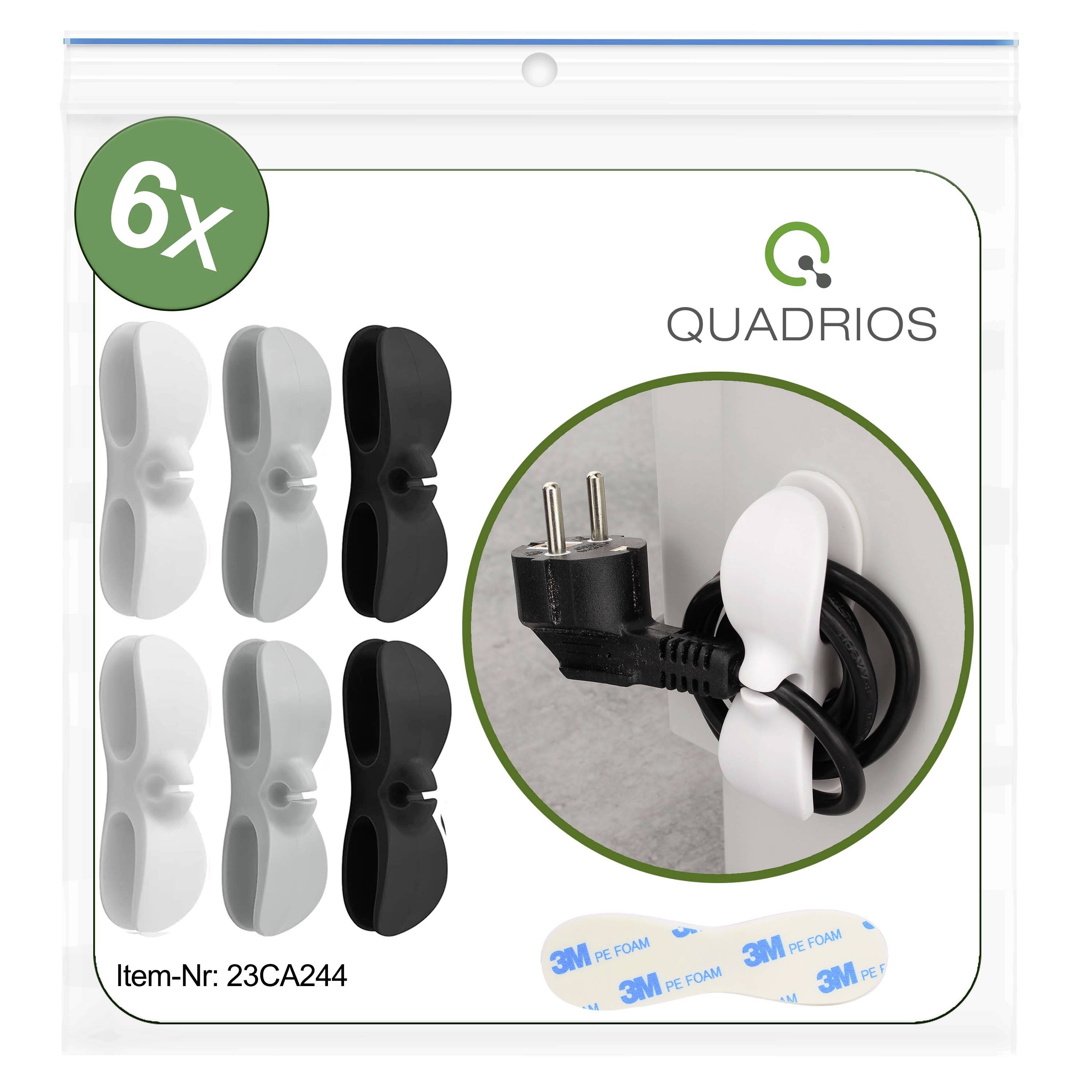 Pack of six cable holders, three in white and three in black, for organising cables on walls. Includes mounting hardware.