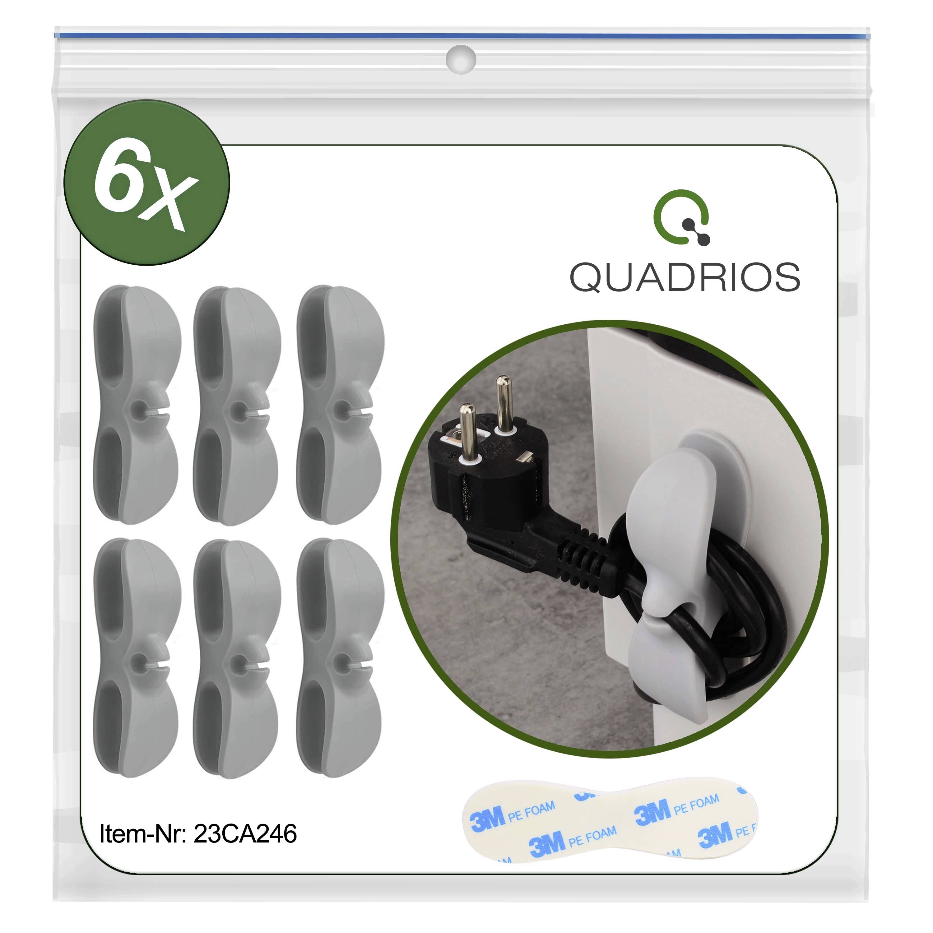 Six grey cable holders for mounting on surfaces, with an illustration demonstrating the use of a holder for cable management.