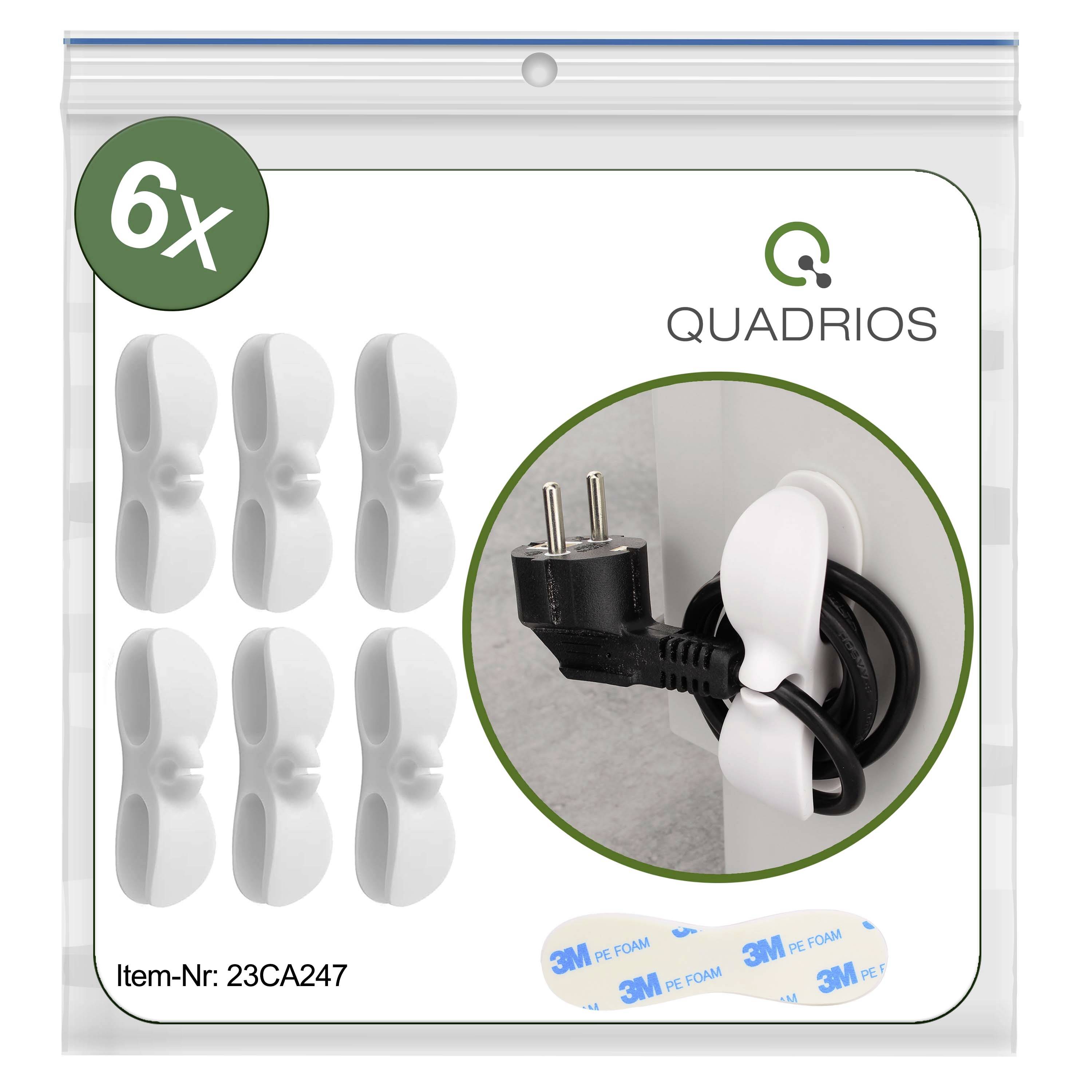Packaging containing six white cable holders by Quadrio, showing a mounting bracket securing a cable to the wall. Item No: 23CA247.