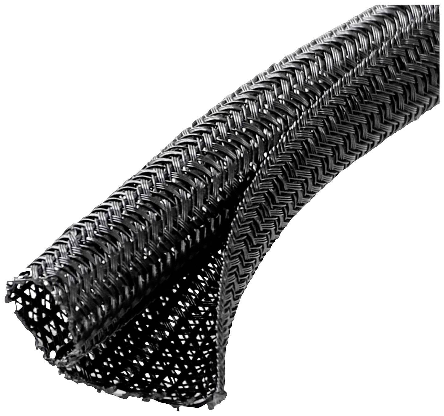 A black, woven cable sleeve with an open end and a fine, tightly woven structure. Suitable for cable management.