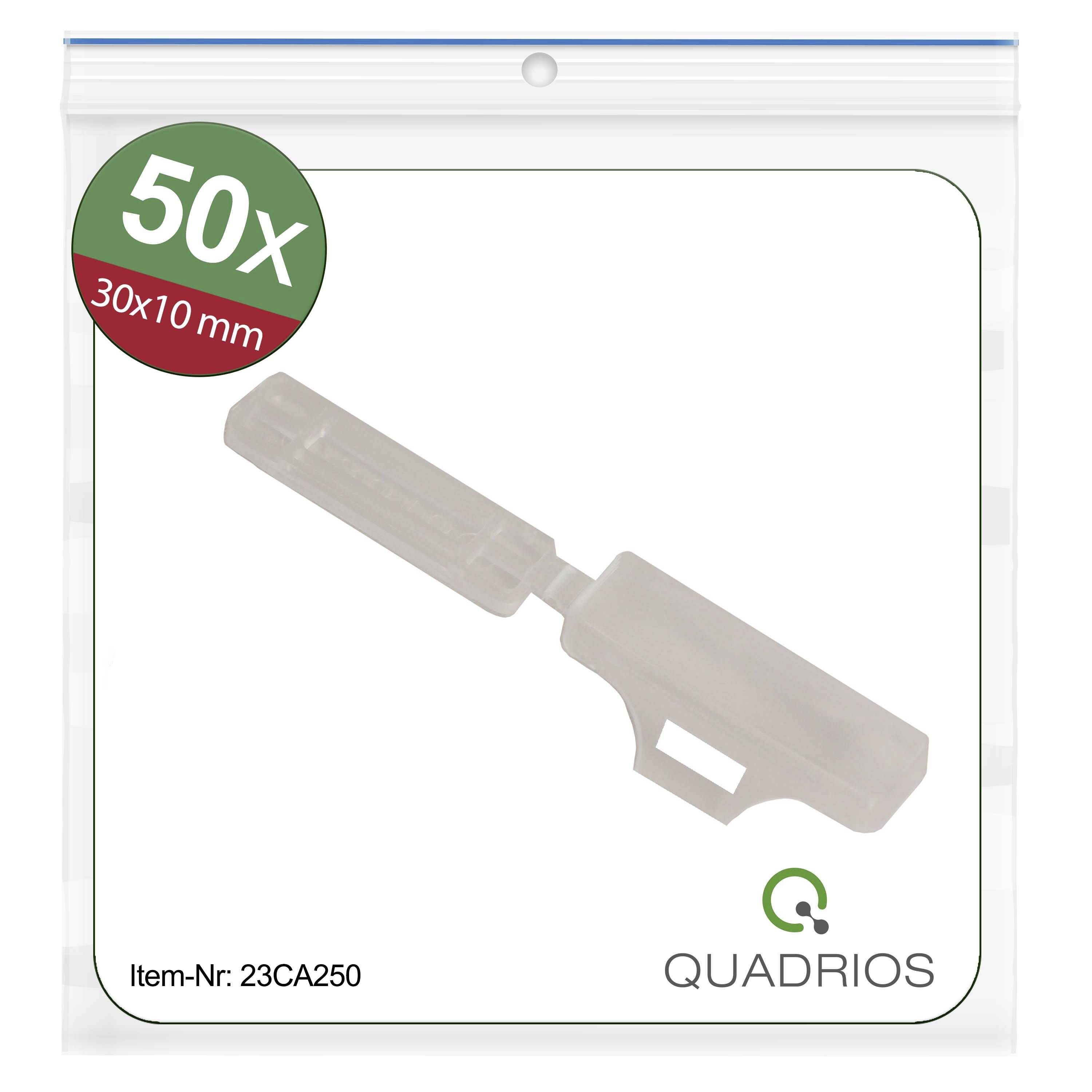 50 fuse holders, 30x10 mm, transparent, packaged in a bag. Article number: 23CA250. Quadrio brand.