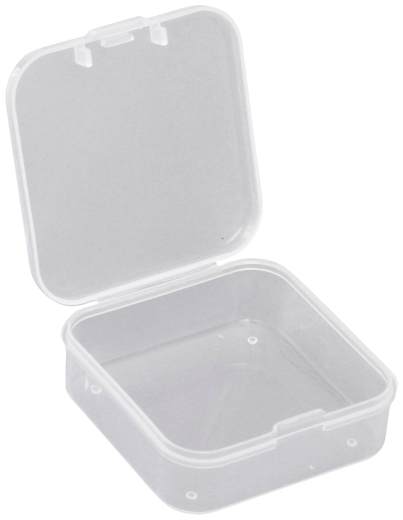 Transparent, square plastic container with an open lid, suitable for storing small items or food.