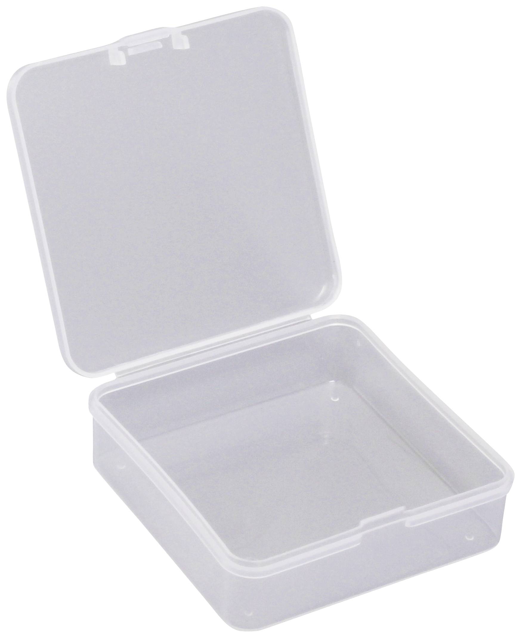 Transparent, square plastic box with hinged lid.