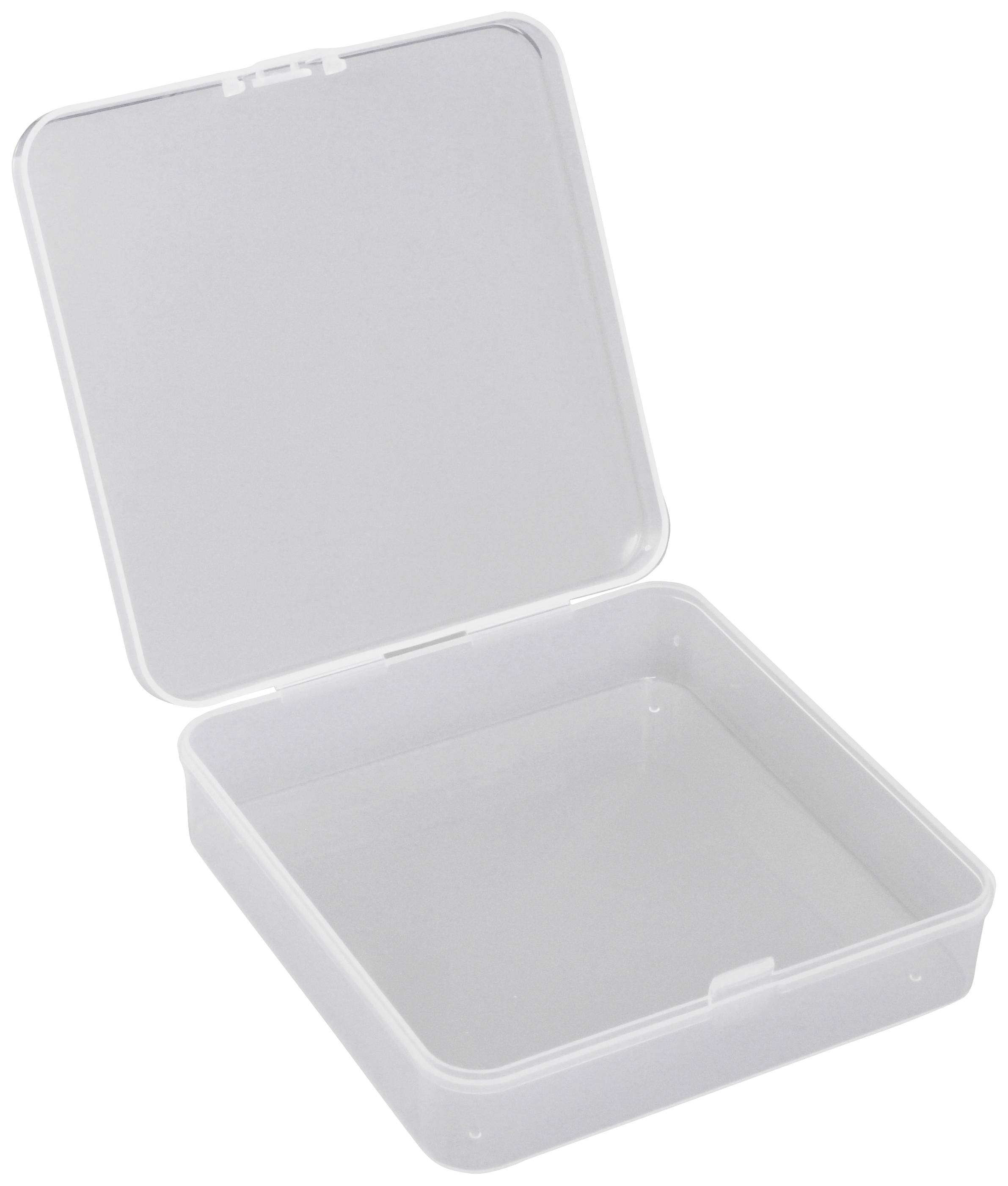 Open, empty, white, square plastic box with a transparent lid.Note: The translation is already very close to British English, with no significant changes needed.