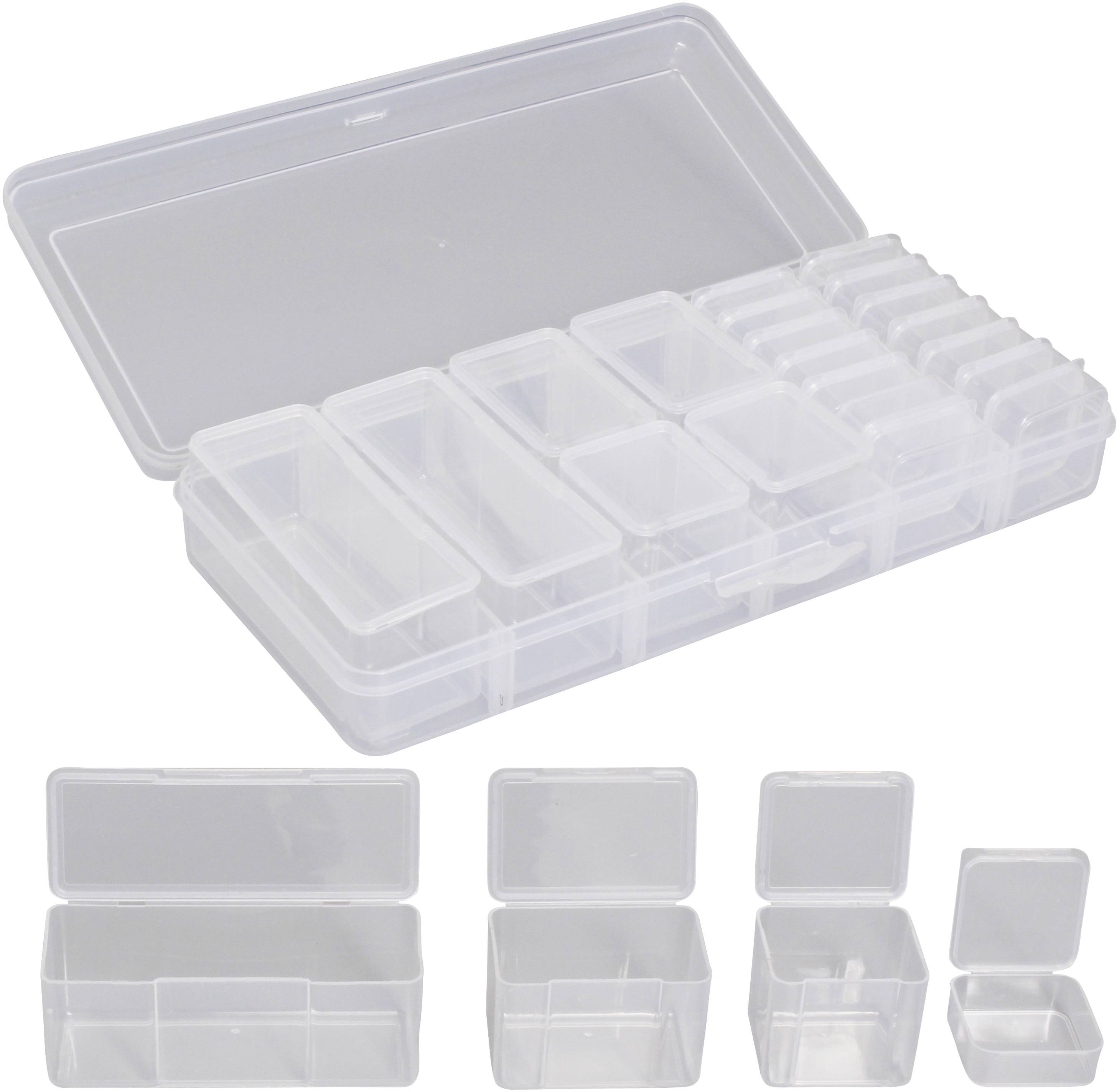 Transparent plastic storage box with multiple compartments in various sizes, perfect for storing small items or accessories.
