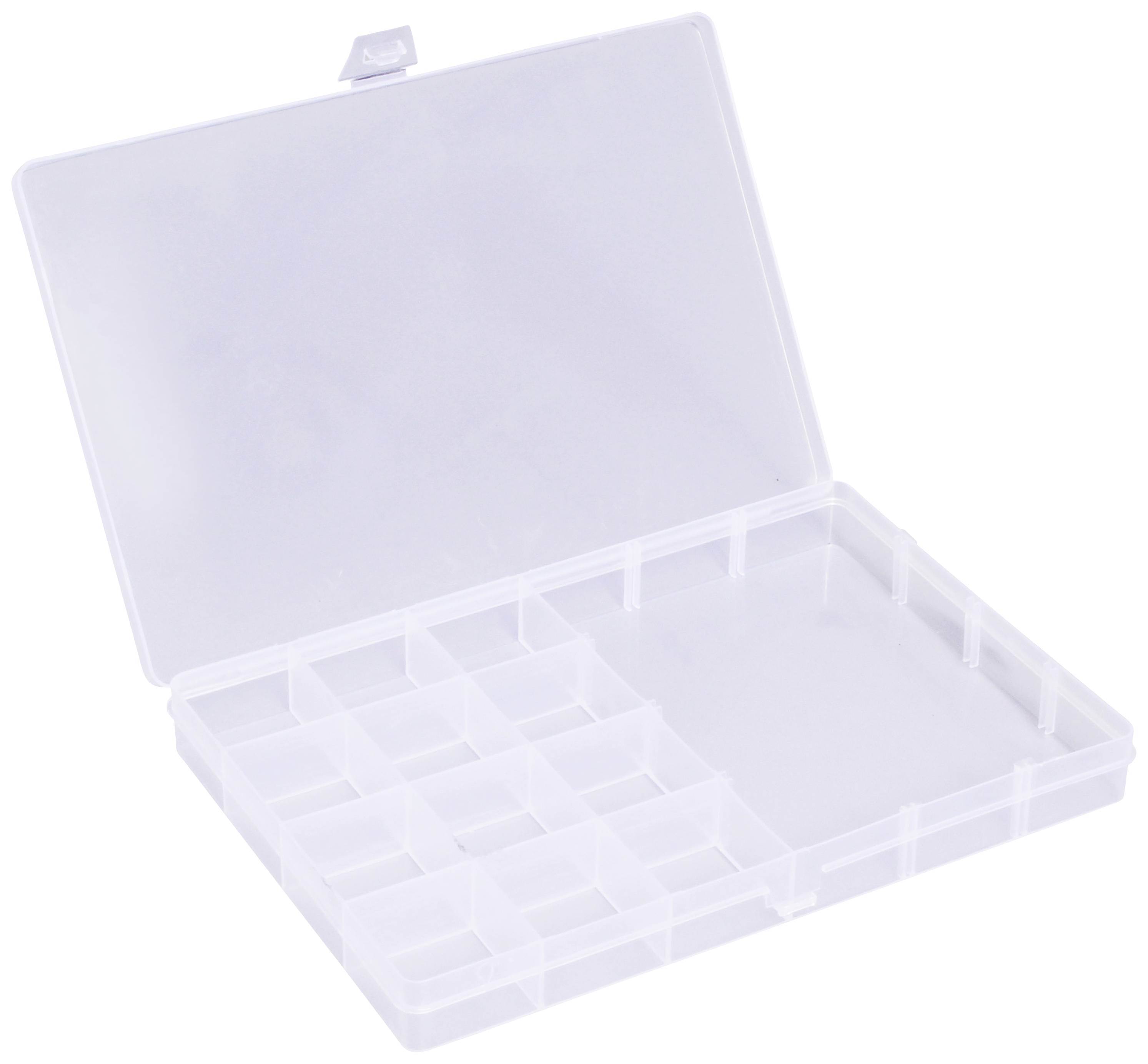 Plastic storage box with 18 small compartments and one large compartment, open, for storing small items.