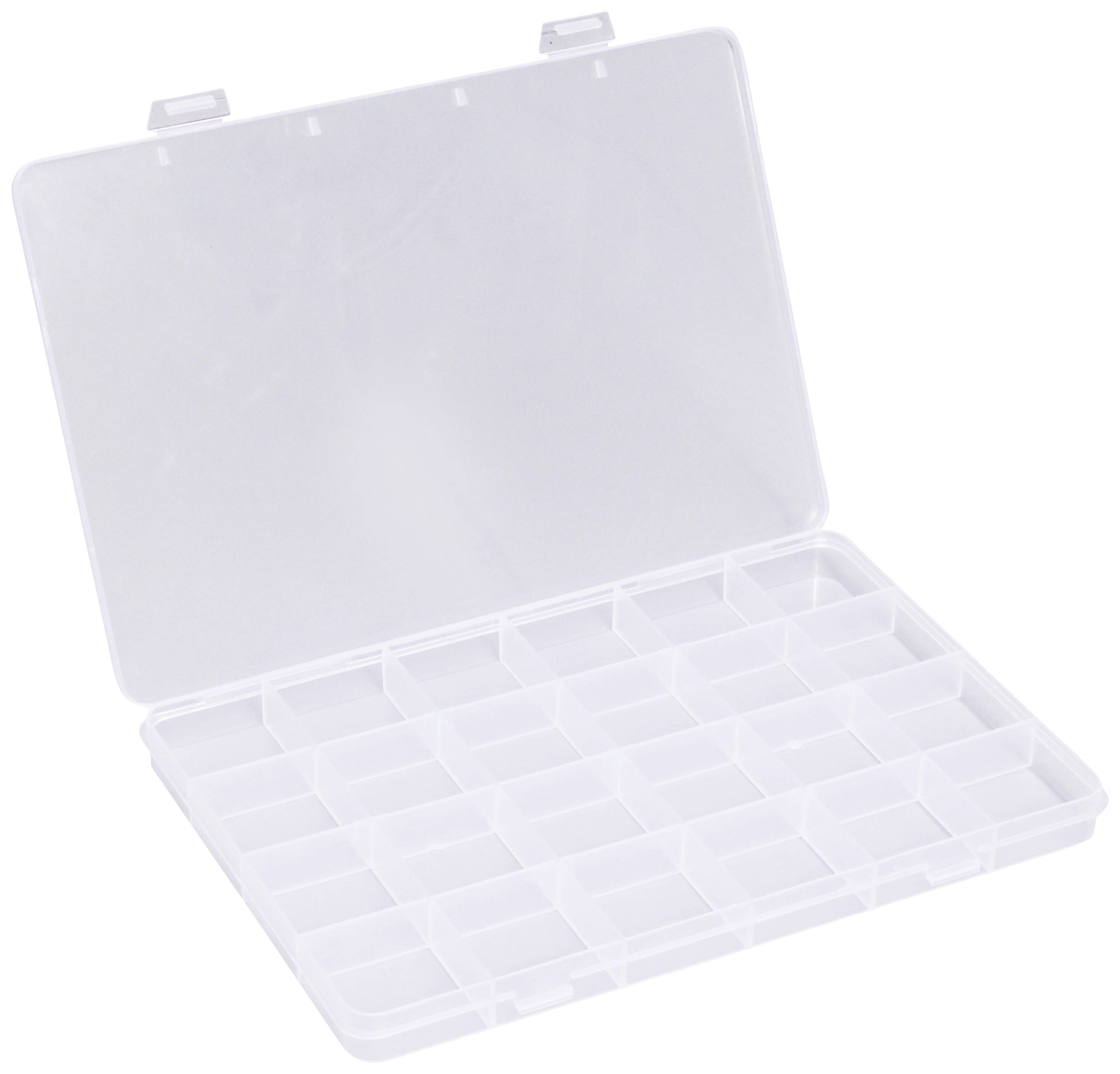 A blank, white plastic organiser with an open lid and 24 compartments, suitable for storing small items.