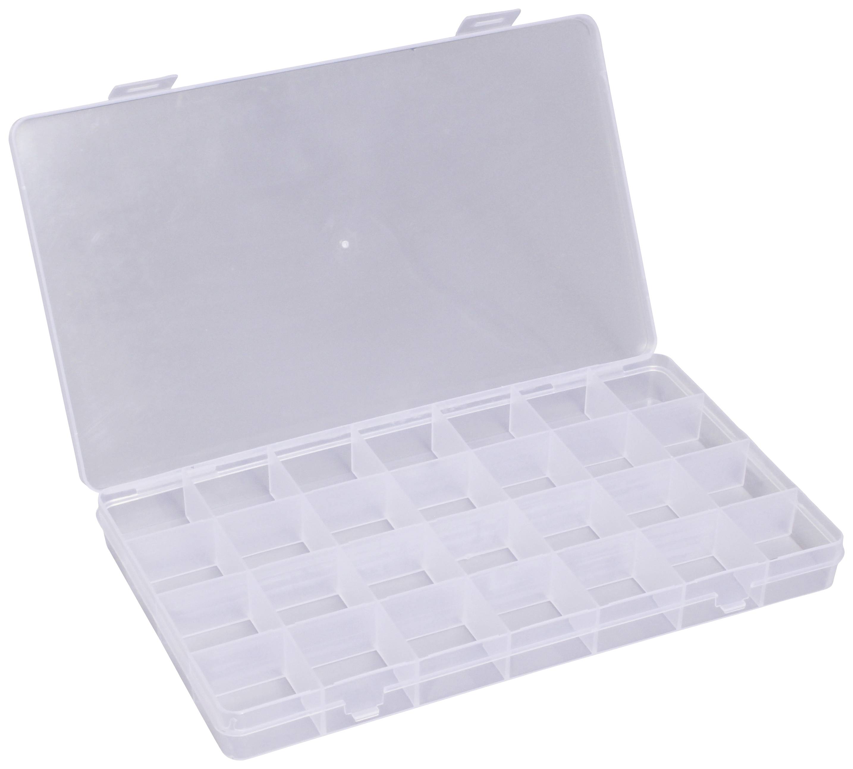 Transparent plastic storage box with 18 compartments, shown open. Ideal for organising small items.