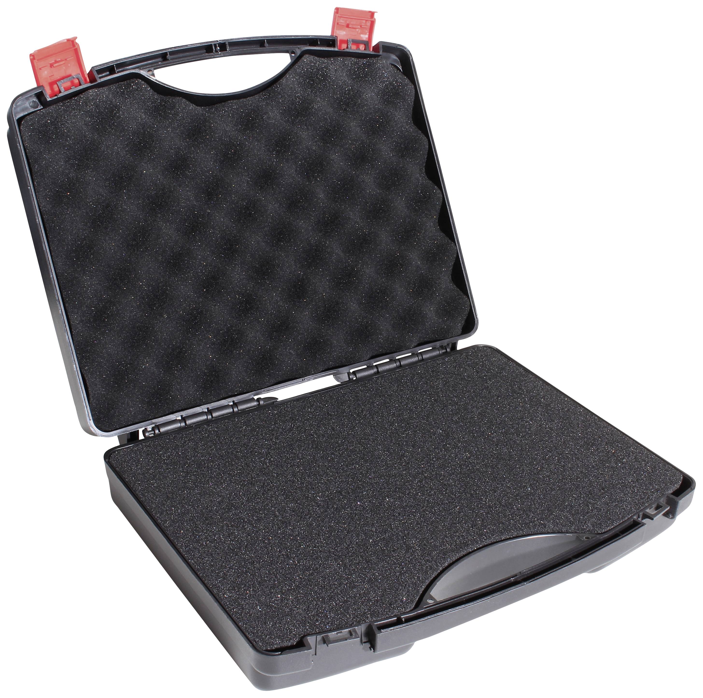 An opened black case with foam lining and red latches, suitable for safely transporting delicate items.