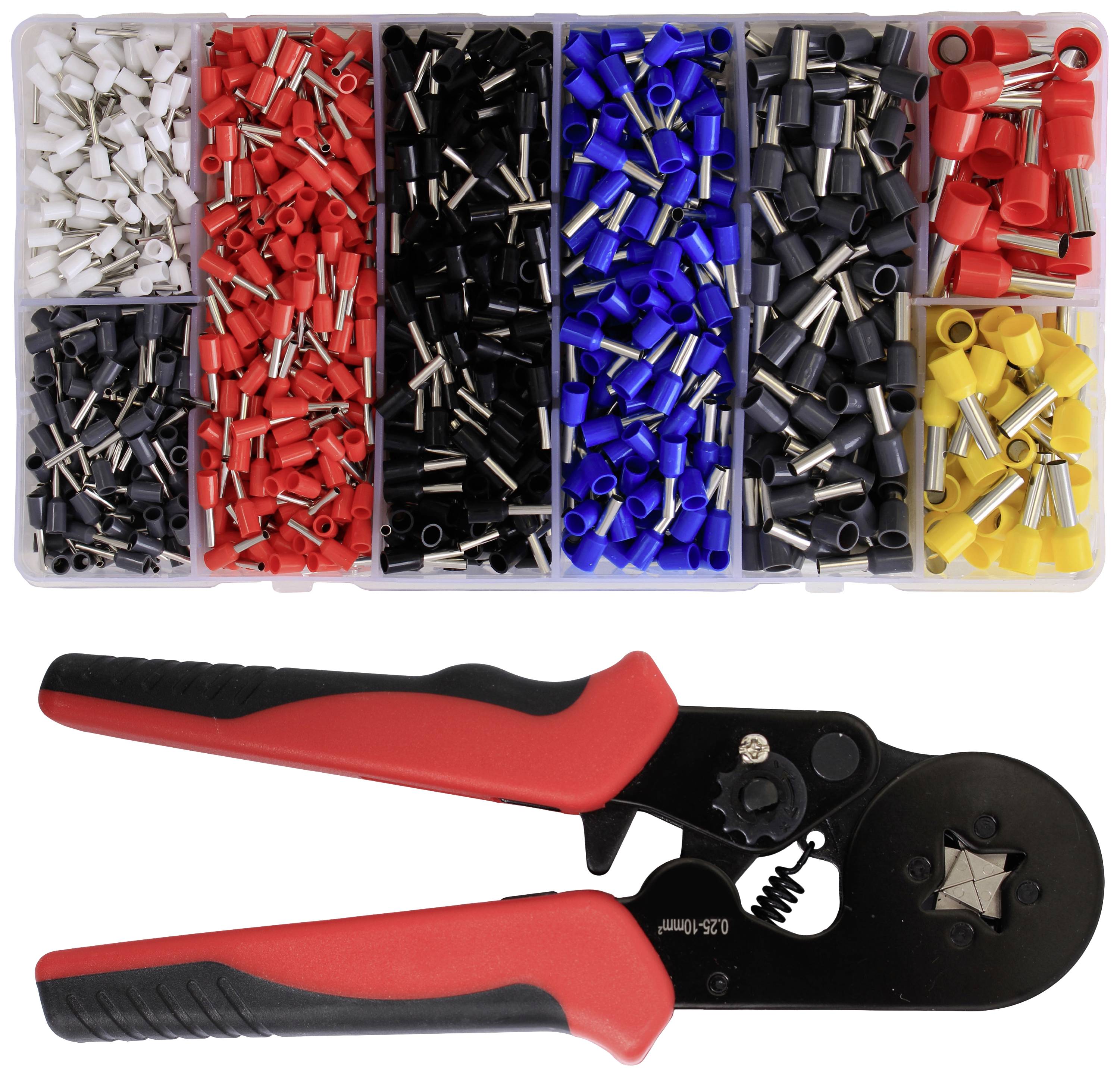 A multi-part set with crimping connectors in various colours and a crimping plier with red handles.
