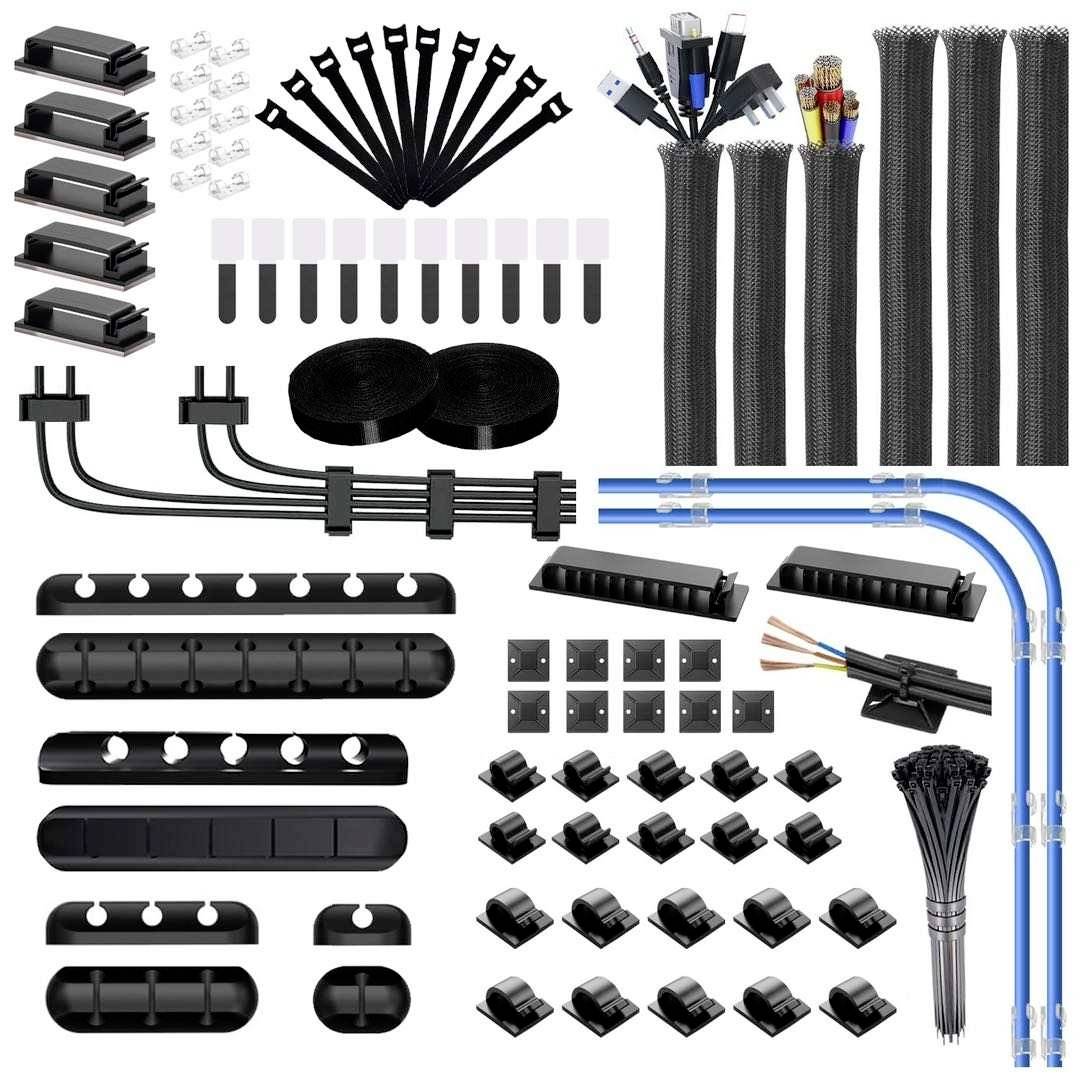Cable management set with hooks, hook and loop fasteners, cable clips, cable ties and cable channels for organising and tidying cables.