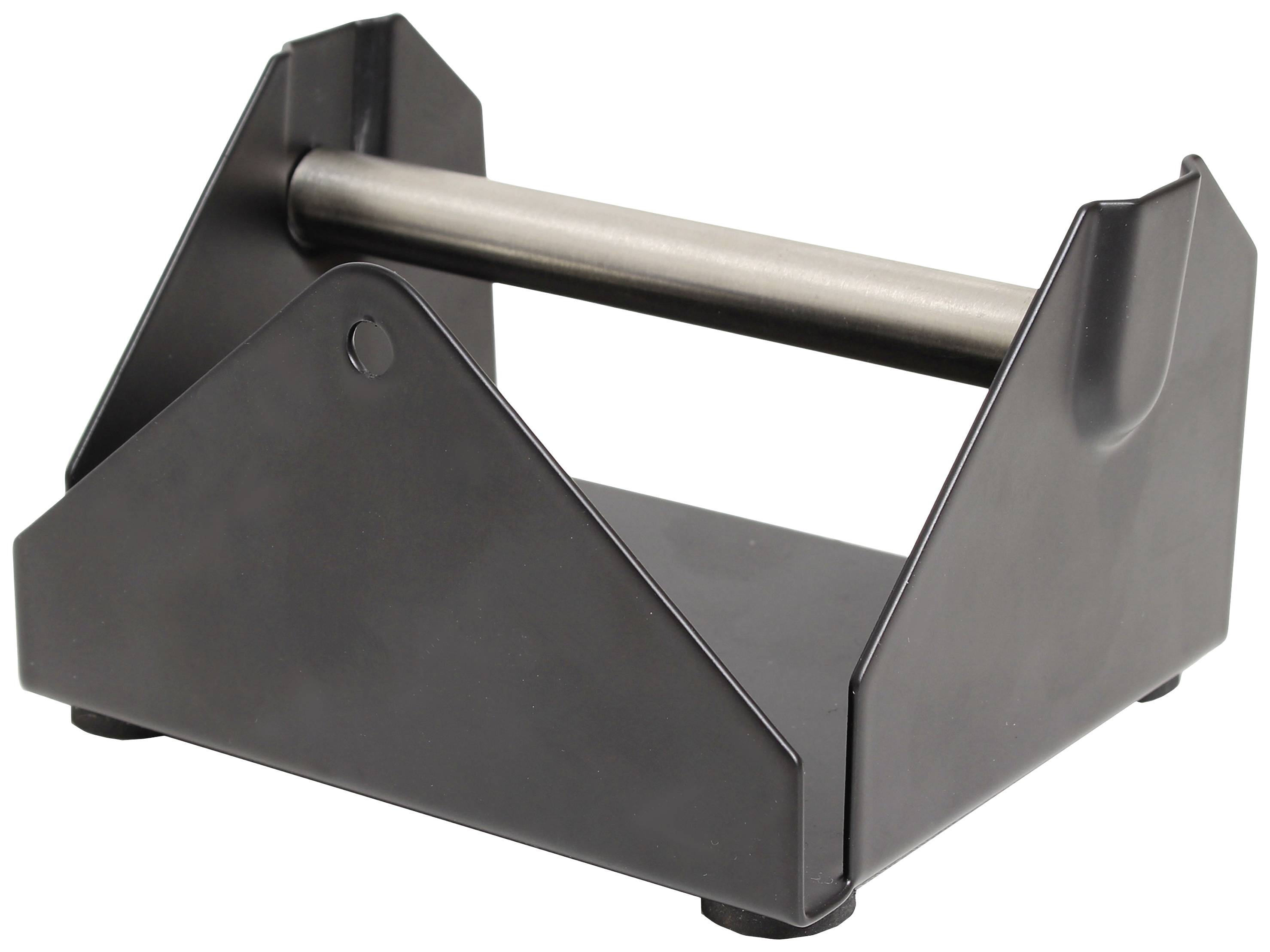Black metal holder for a roll, free-standing with a sturdy frame, suitable for workshop or warehouse.