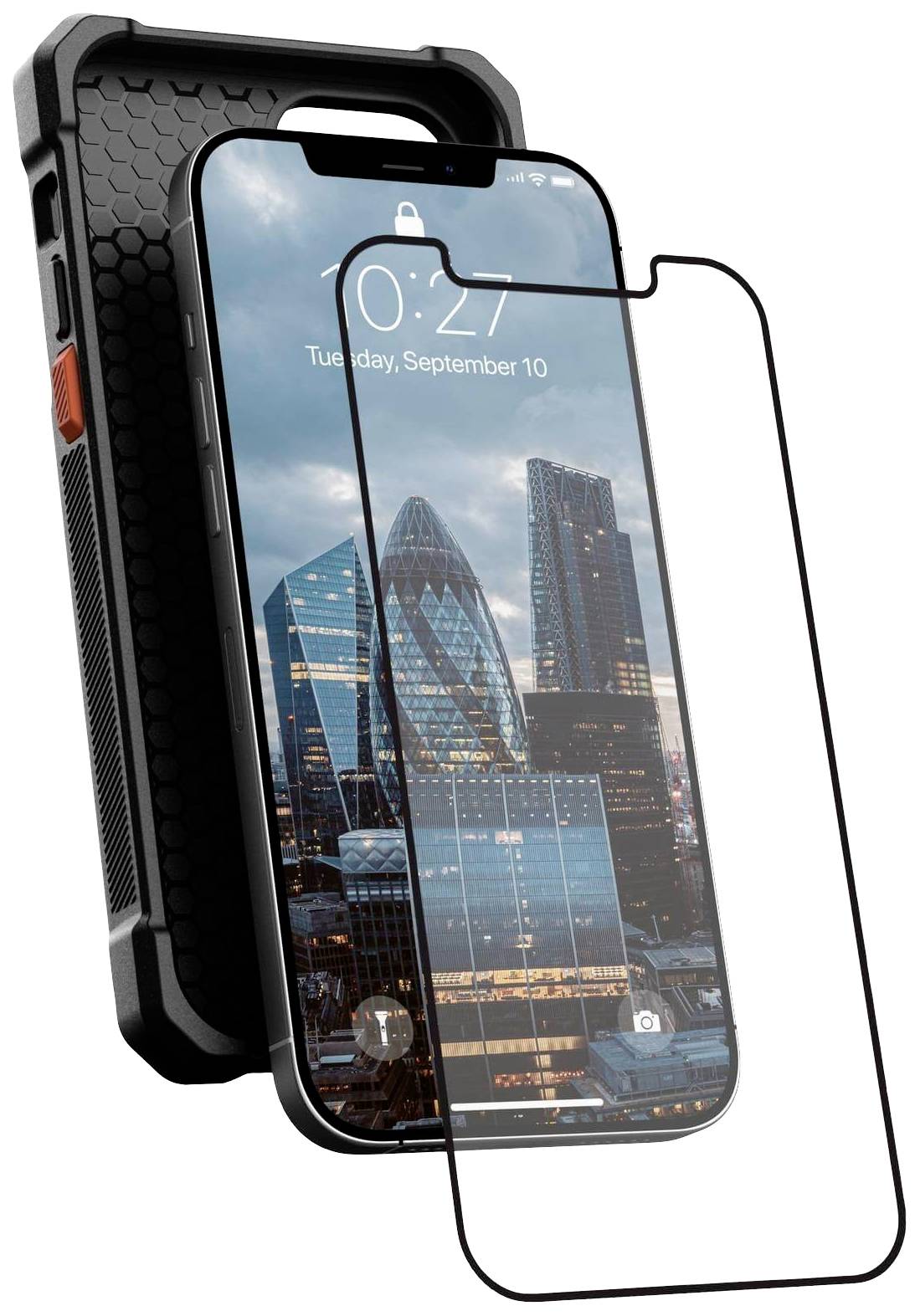 A smartphone in a robust protective case, with a screen protector fitted, displays a cityscape with modern skyscrapers on the screen.