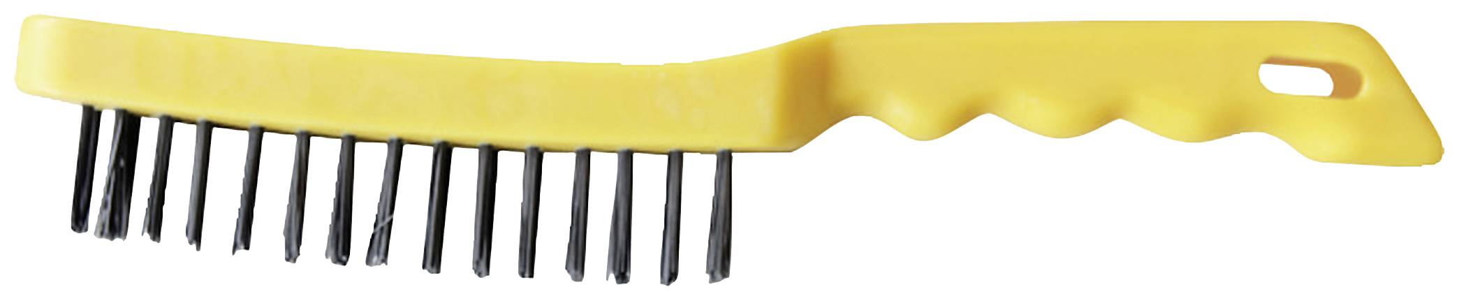 Yellow wire brush with black bristles and curved handle, used for cleaning surfaces and removing rust.