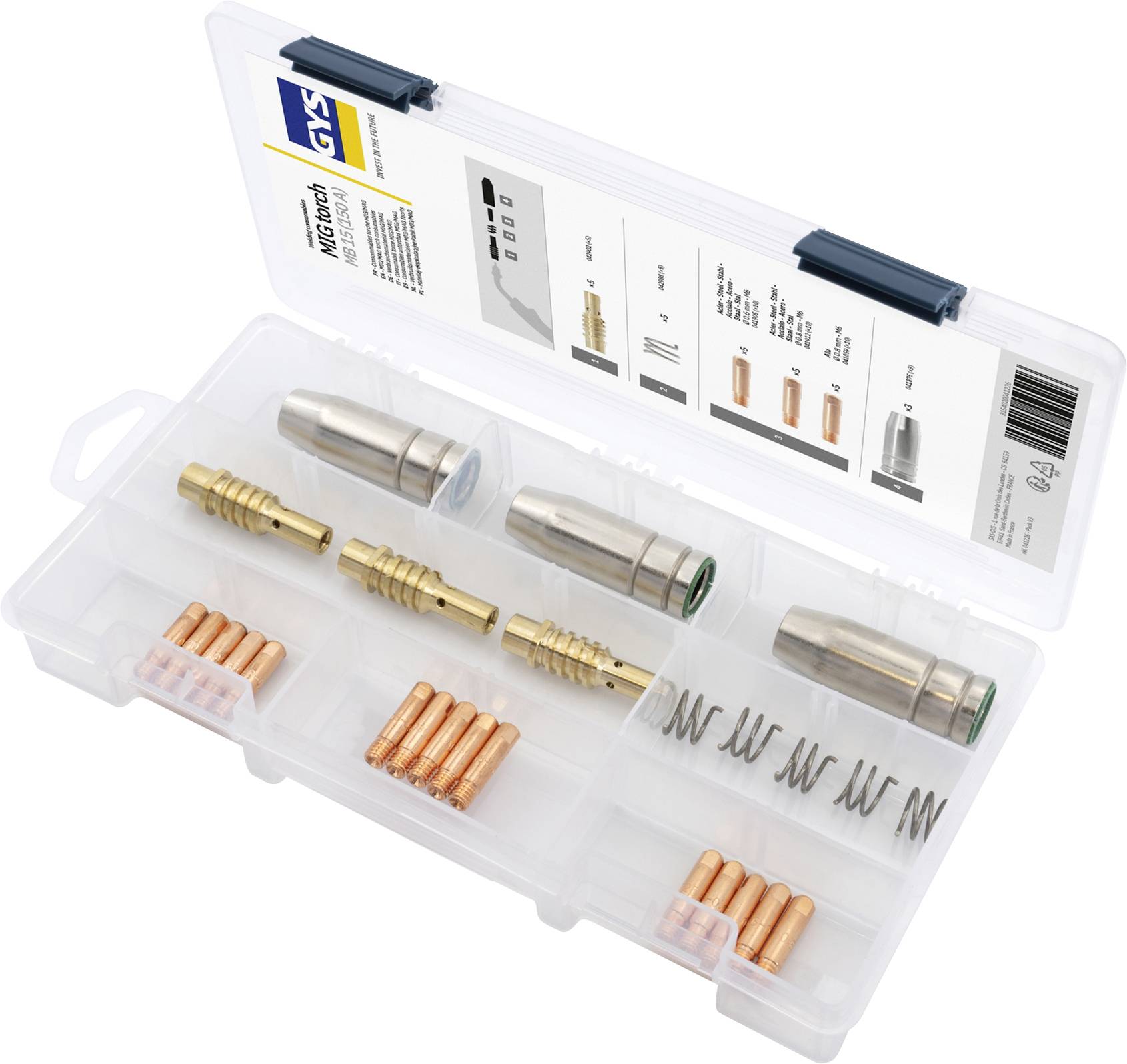 Open plastic storage case with labeled lid, containing metal cable connectors, orange crimp pins, and a coil spring in organized compartments.