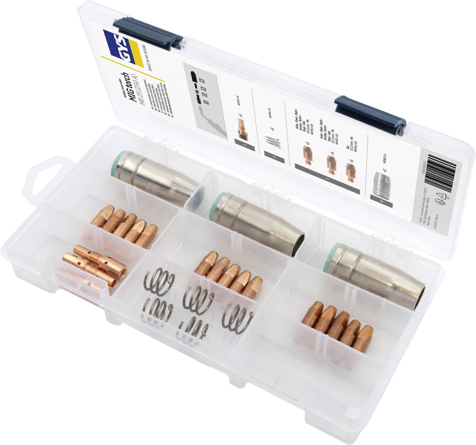 Plastic storage case with labeled insert and compartments holding copper battery contacts, springs, and three cylindrical metal parts.
