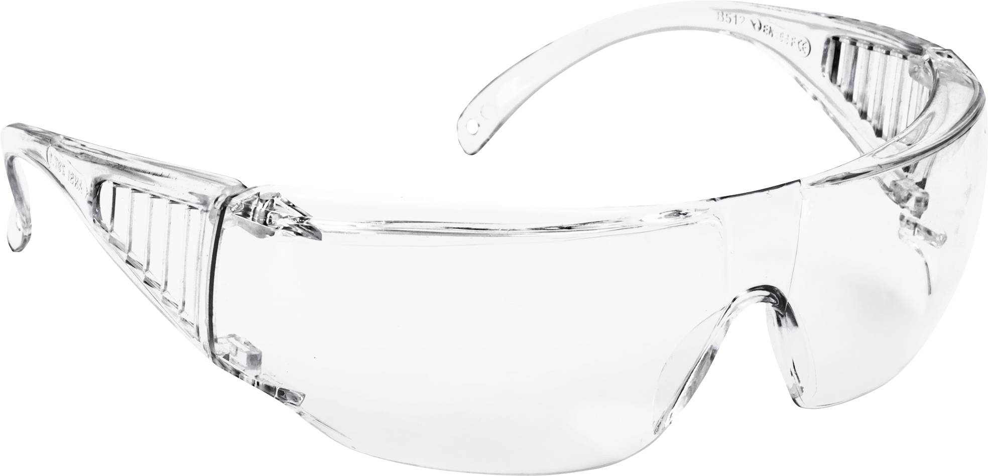 Clear wraparound safety glasses with transparent lenses and side shields on a white background