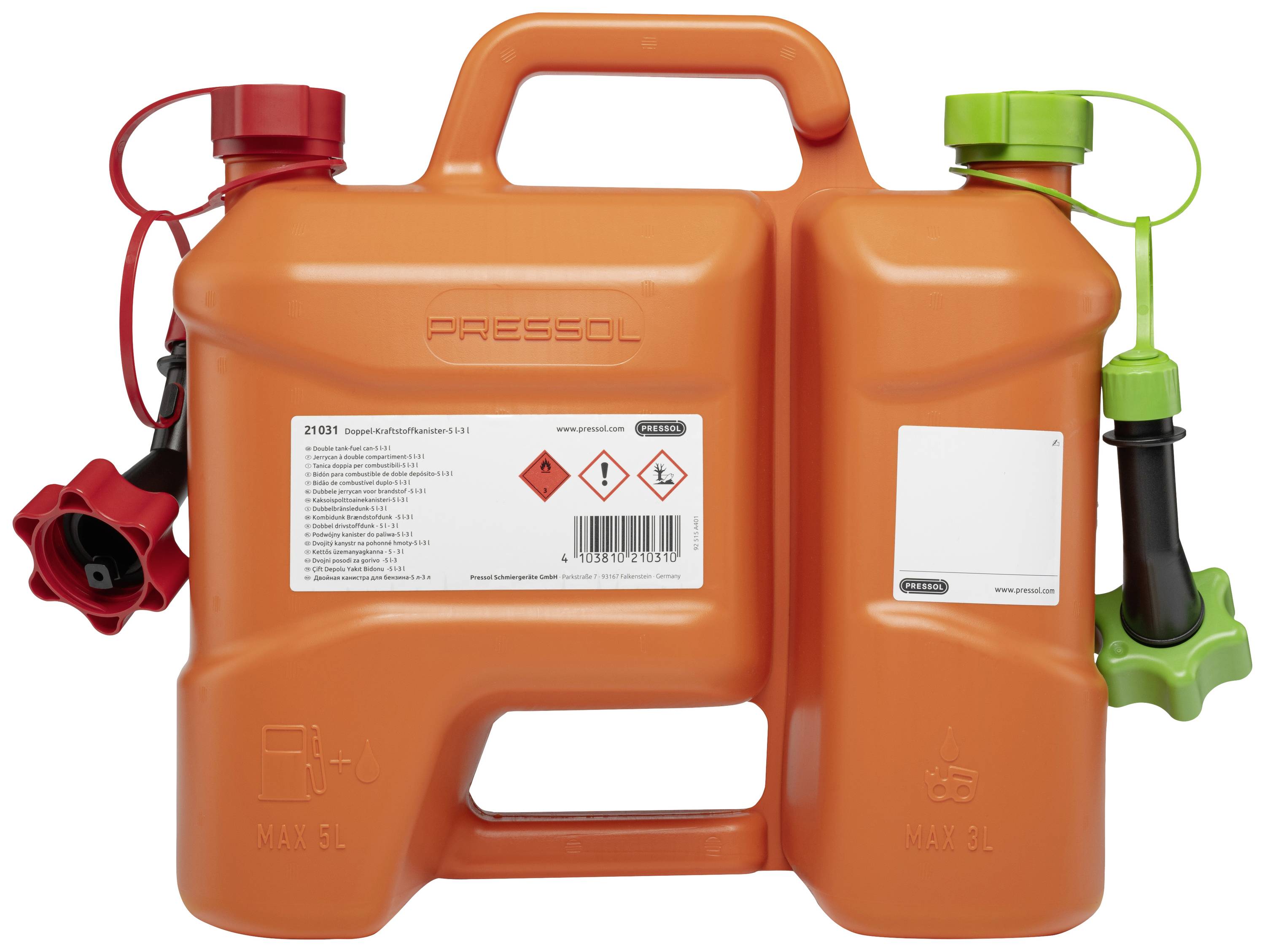 Orange container with two compartments and colour-coded closures. Label with safety and usage information.