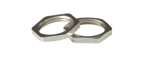 Two silver-coloured hexagonal nuts lie side by side, slightly offset. They are metallic and reflect the light.