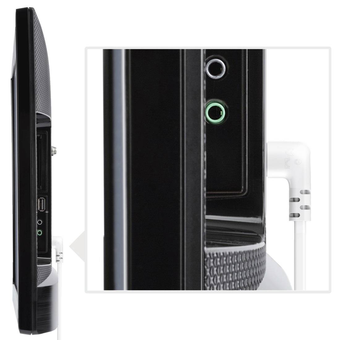 Close-up of the side ports of a black monitor, including a USB port and an audio socket, with a cable plugged in.