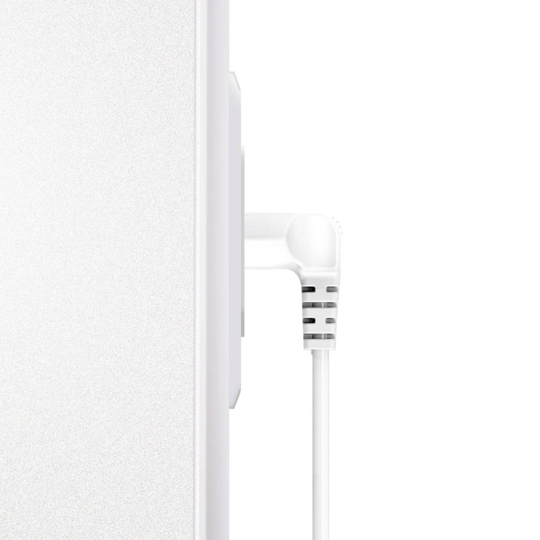 Close-up of a white headphone jack plugged into a white device, with part of the device visible on the left side.