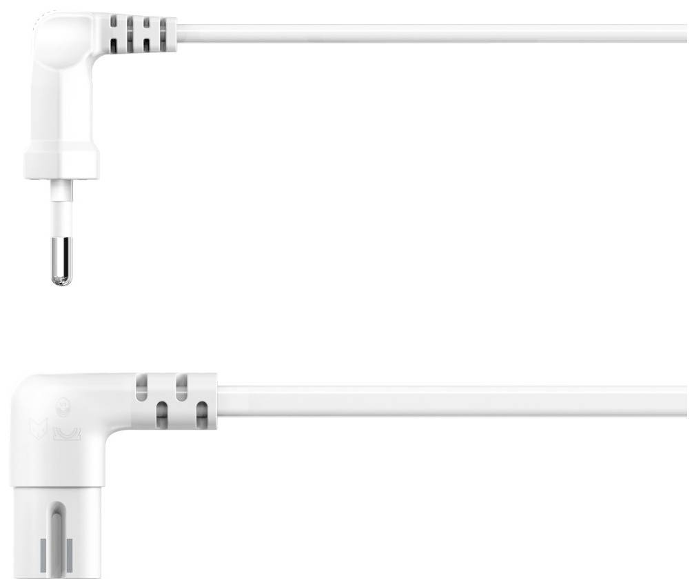 White, right-angled charging cable with a plug for electronic devices, suitable for space-saving connection to power sockets.