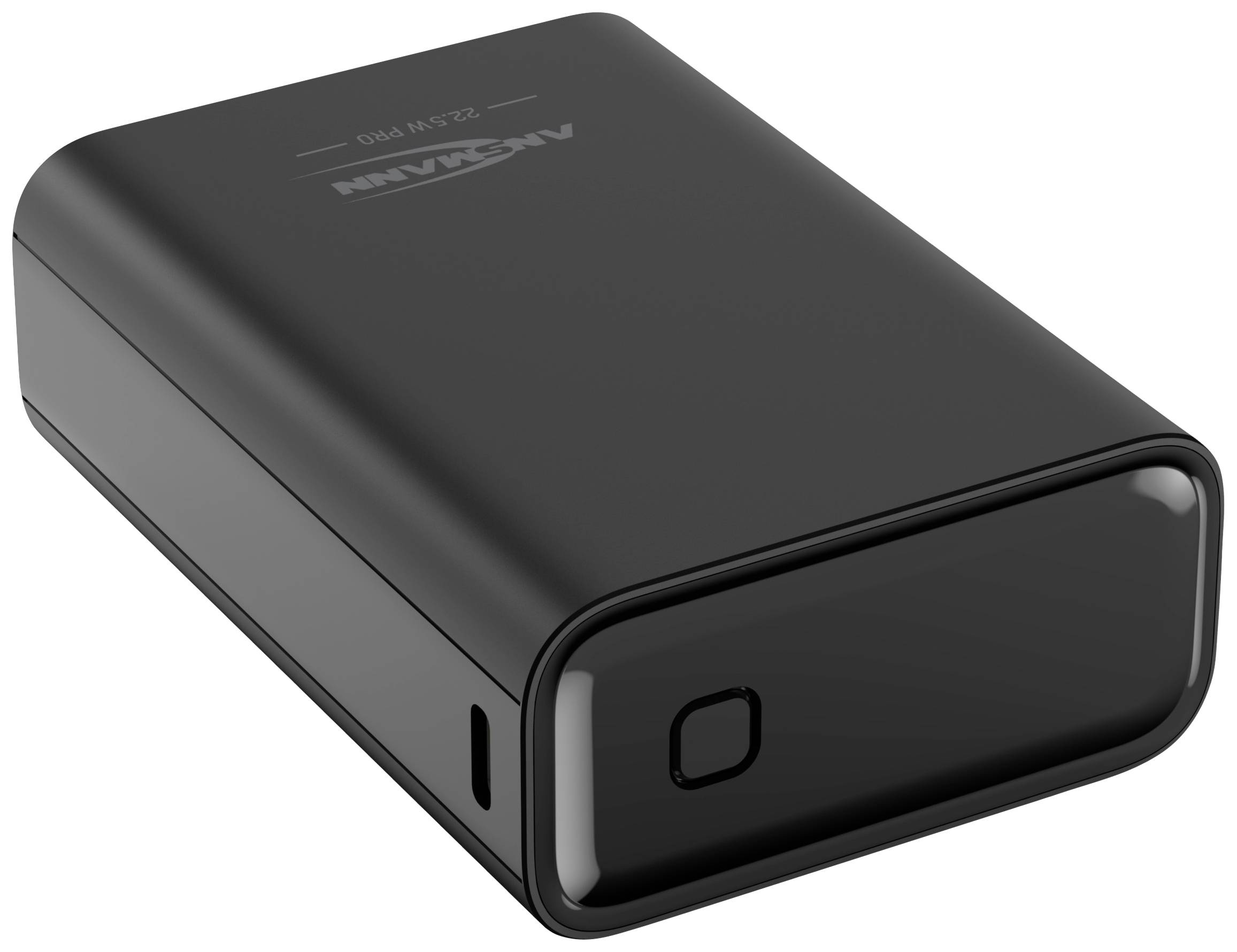 A black, rectangular power bank with a USB port and a button on the side. Perfect for charging devices while on the go.
