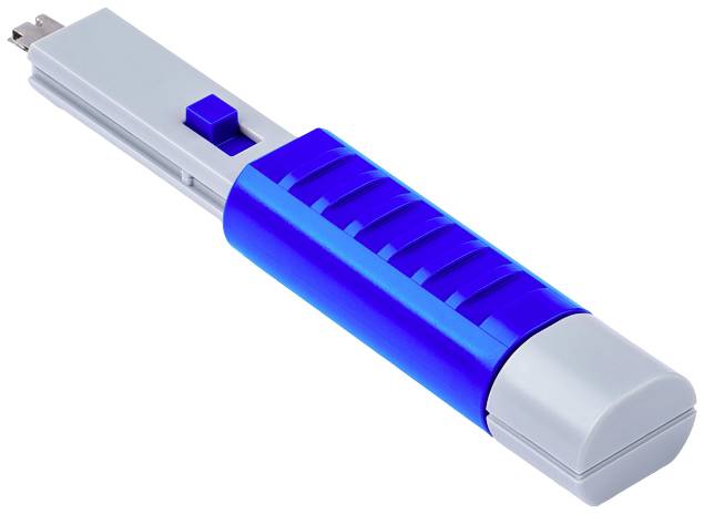 A blue and grey USB stick with a retractable connector in a plastic housing.