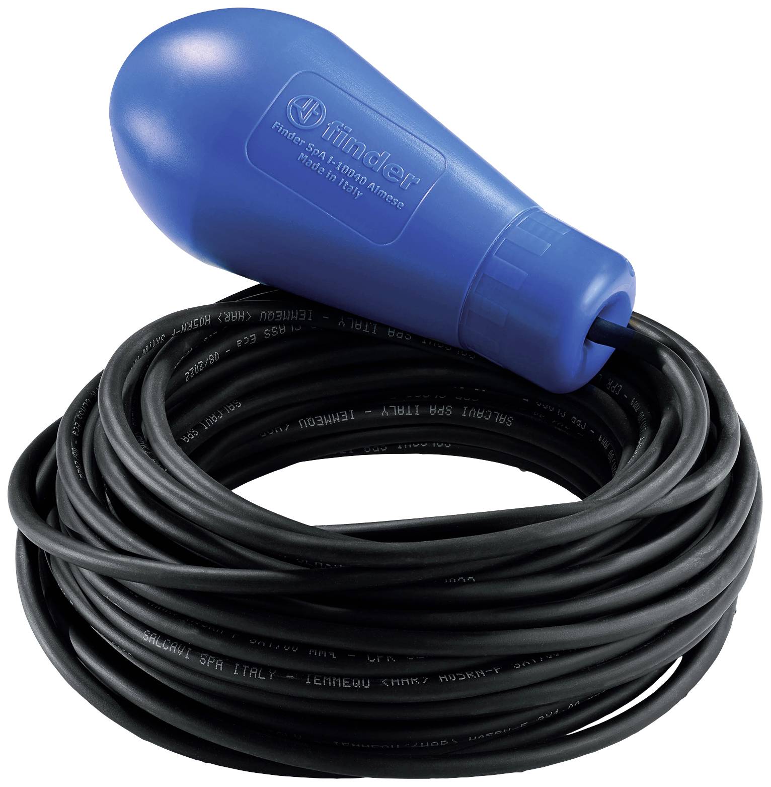 Blue cable swimmer with coiled black cable. Used for controlling water levels and as a water level indicator.