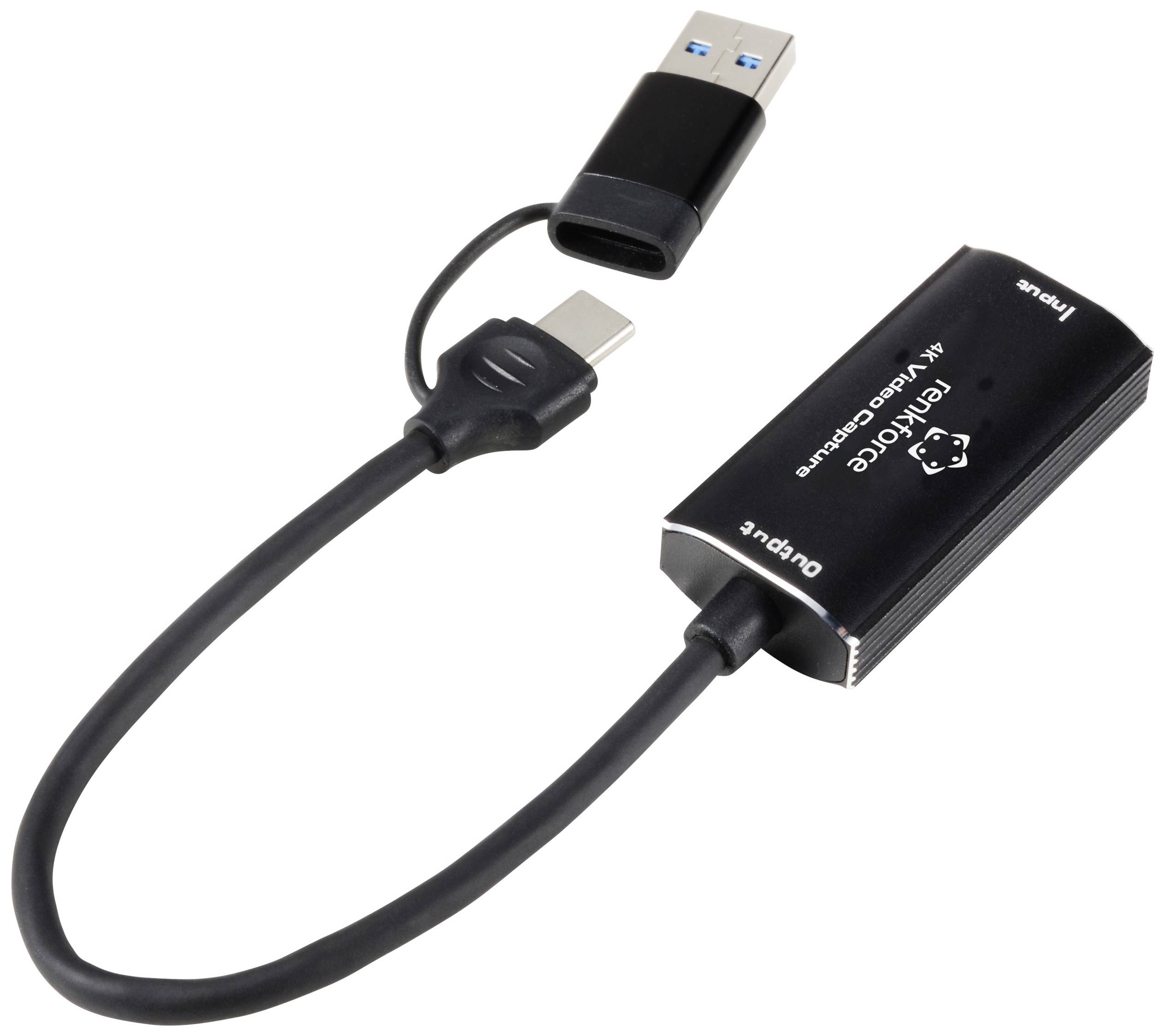 External USB sound card with multiple connections for microphone and audio, featuring a USB plug and a detachable cable.