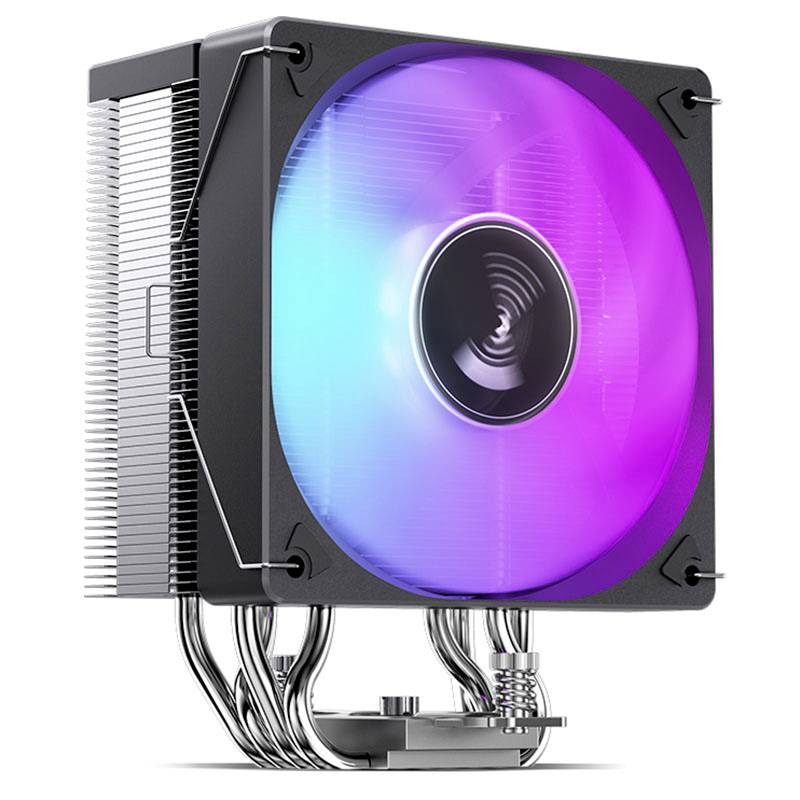 Cooling fan with rainbow-coloured LED illumination, mounted on a metal heatsink.