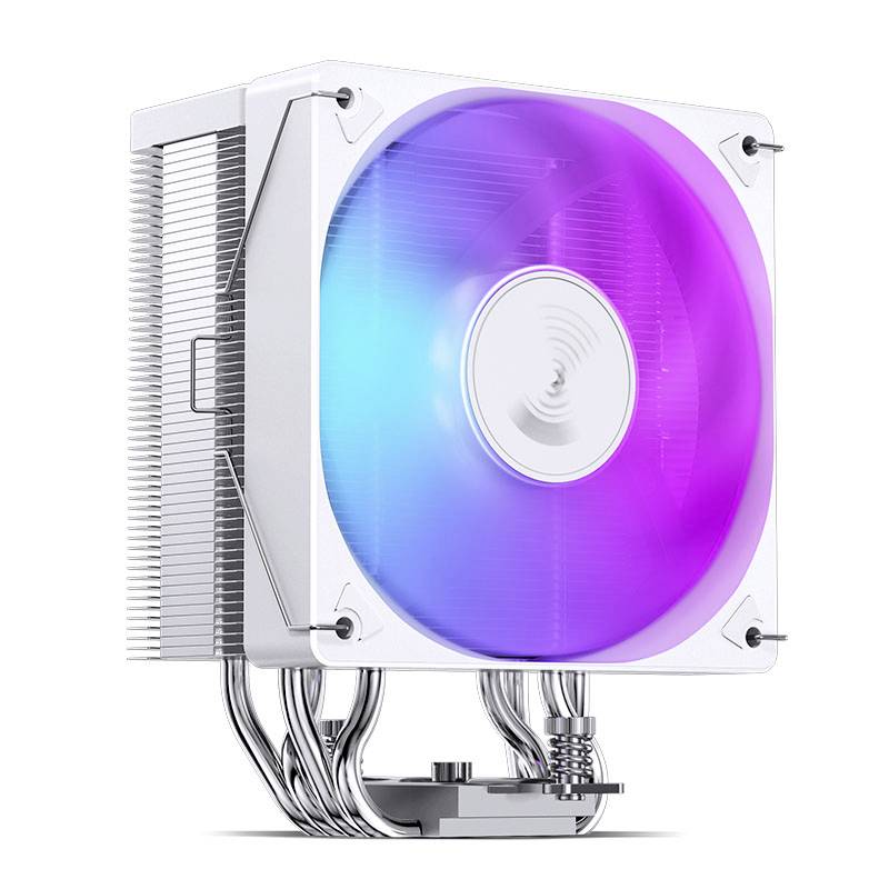 Computer fan with colourful LED light, displaying pink hues. It is used for cooling PC components.