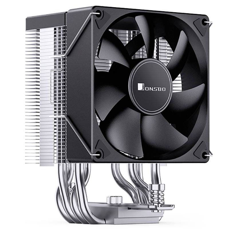 Large CPU cooler with a black fan, silver cooling fins, and four heat pipes. Designed for efficient heat dissipation.