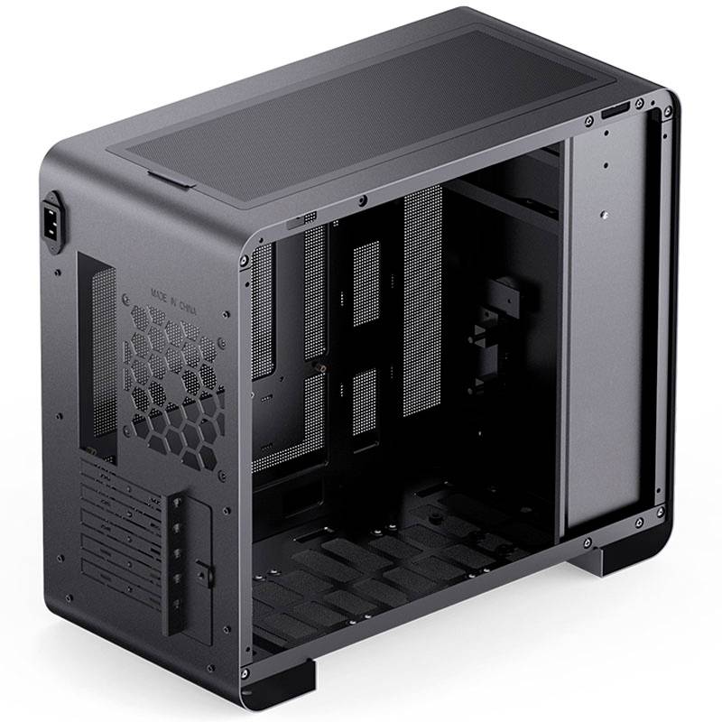 Black PC case, opened, showing ventilation grids and space for components. Suitable for creative PC builds.