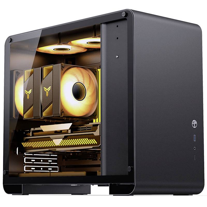 An elegant desktop computer with a glass case reveals glowing orange fans and modern components inside.