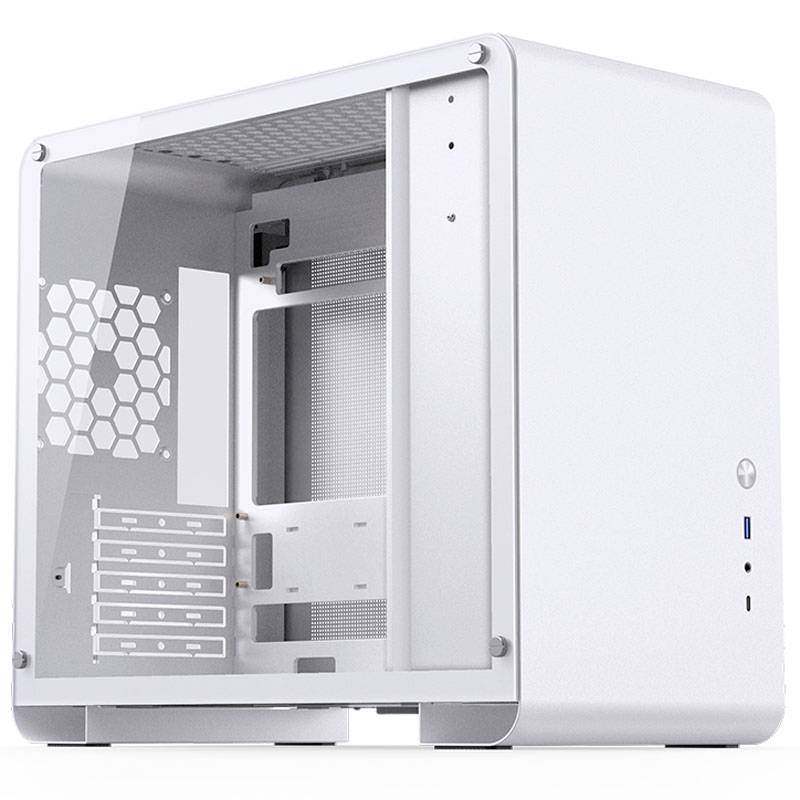 A blank, white computer case cube with a side window and space for hardware components.