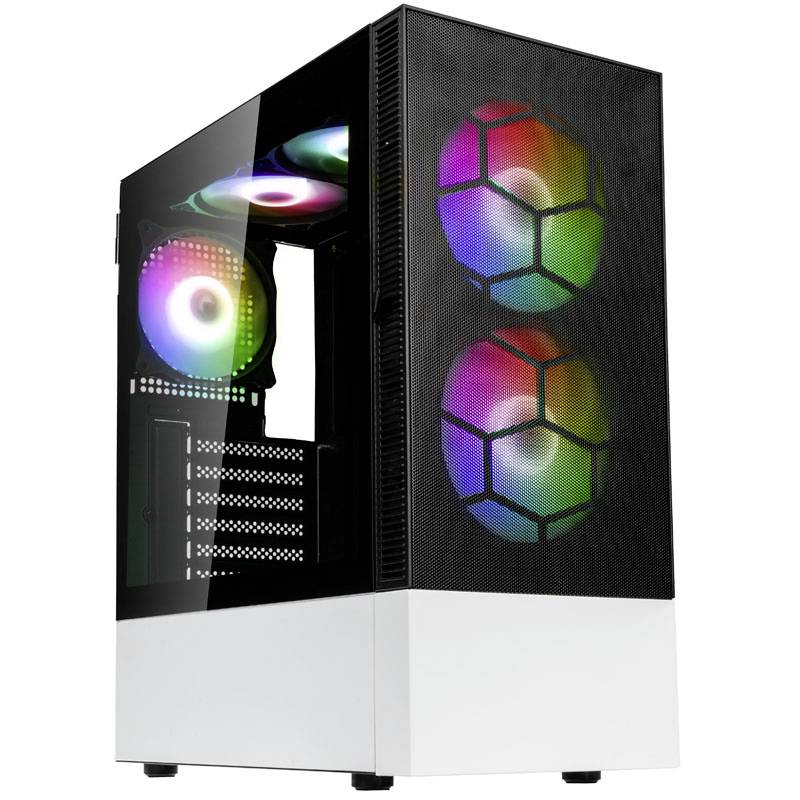 White PC case with tempered glass, showing colourful RGB fans at the front and back, suitable for gaming or high-performance computers.