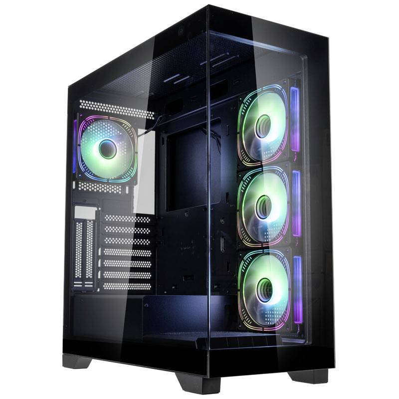 A transparent computer case with four RGB fans reveals internal components. Perfect for gaming setups.