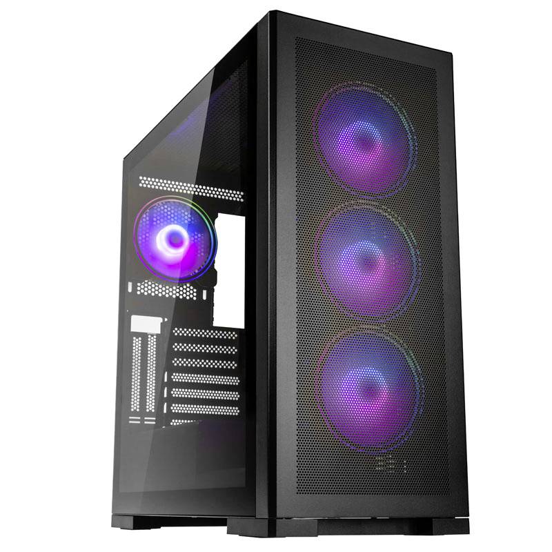 A black computer case with a transparent side panel reveals colourful, illuminated fans on the front and rear.