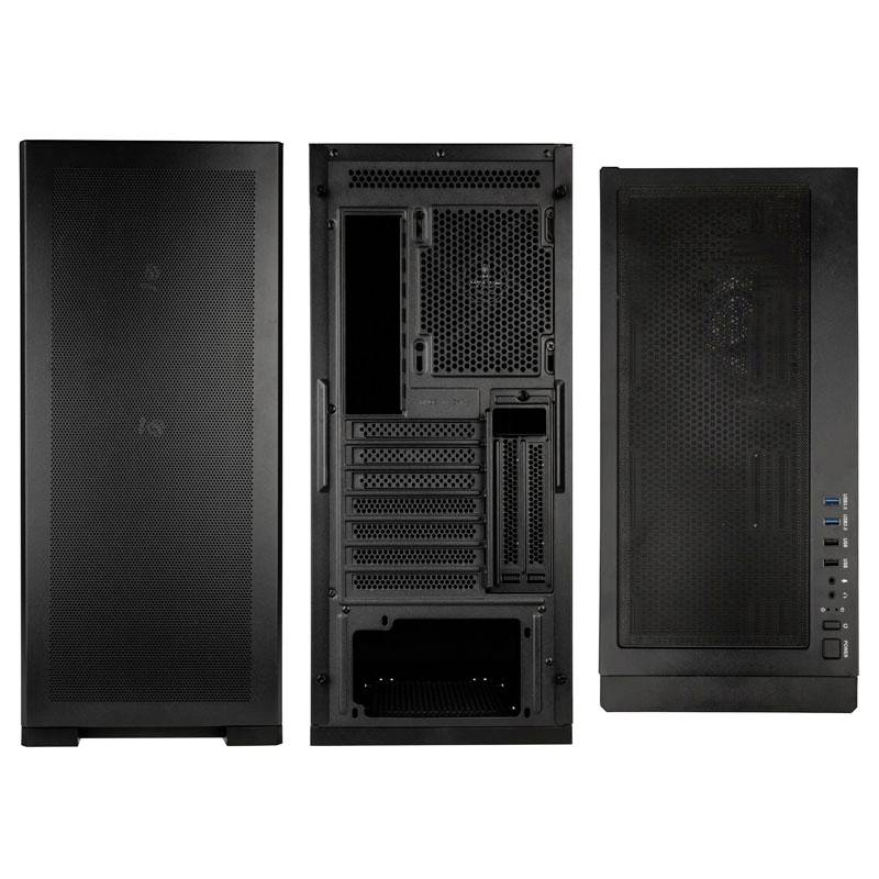 Three views of a black computer case: front view, rear view with connections, and side view with USB ports.
