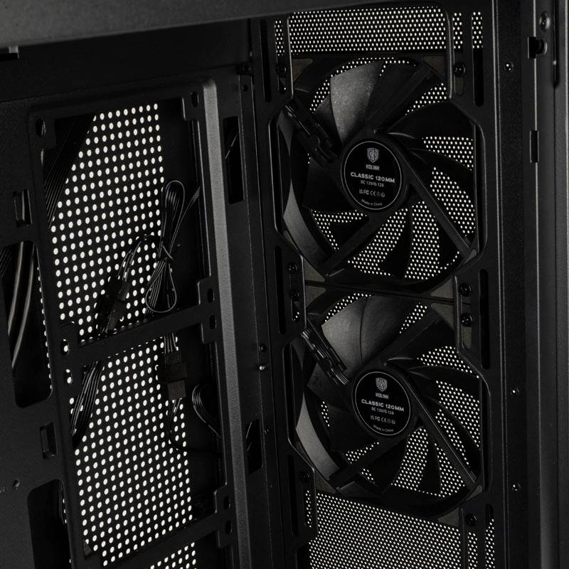 Two computer fans are mounted on the inner side of a computer case. Cables run along the back of the case.