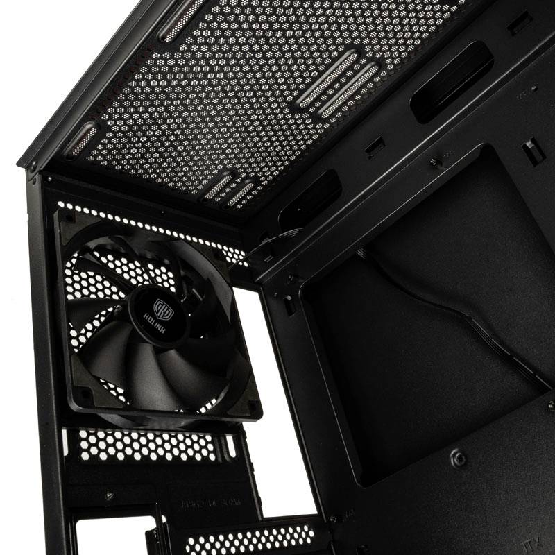 An open computer case with a visible fan and cables on the right side, suitable for installing and cooling components.