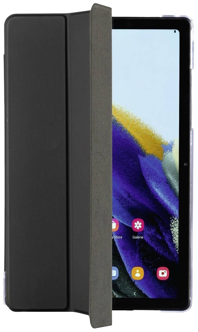A tablet with a partially opened black case cover, displaying the home screen with several app icons.