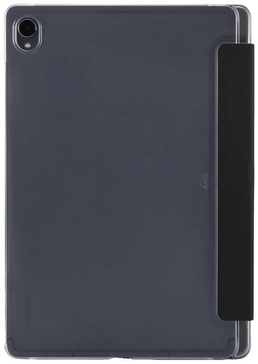 Back of a black tablet with a camera in the top left corner and a black cover on the right side.