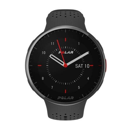 Black smartwatch with an analogue dial, red second hand and date display showing 'SAT 10'.