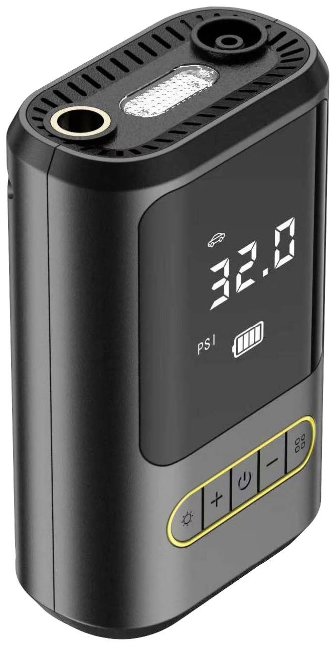Portable air pump with digital display showing '32.0 psi'. Buttons at the bottom for switching on and off, changing modes, and controlling the light. Ideal for inflating tyres.