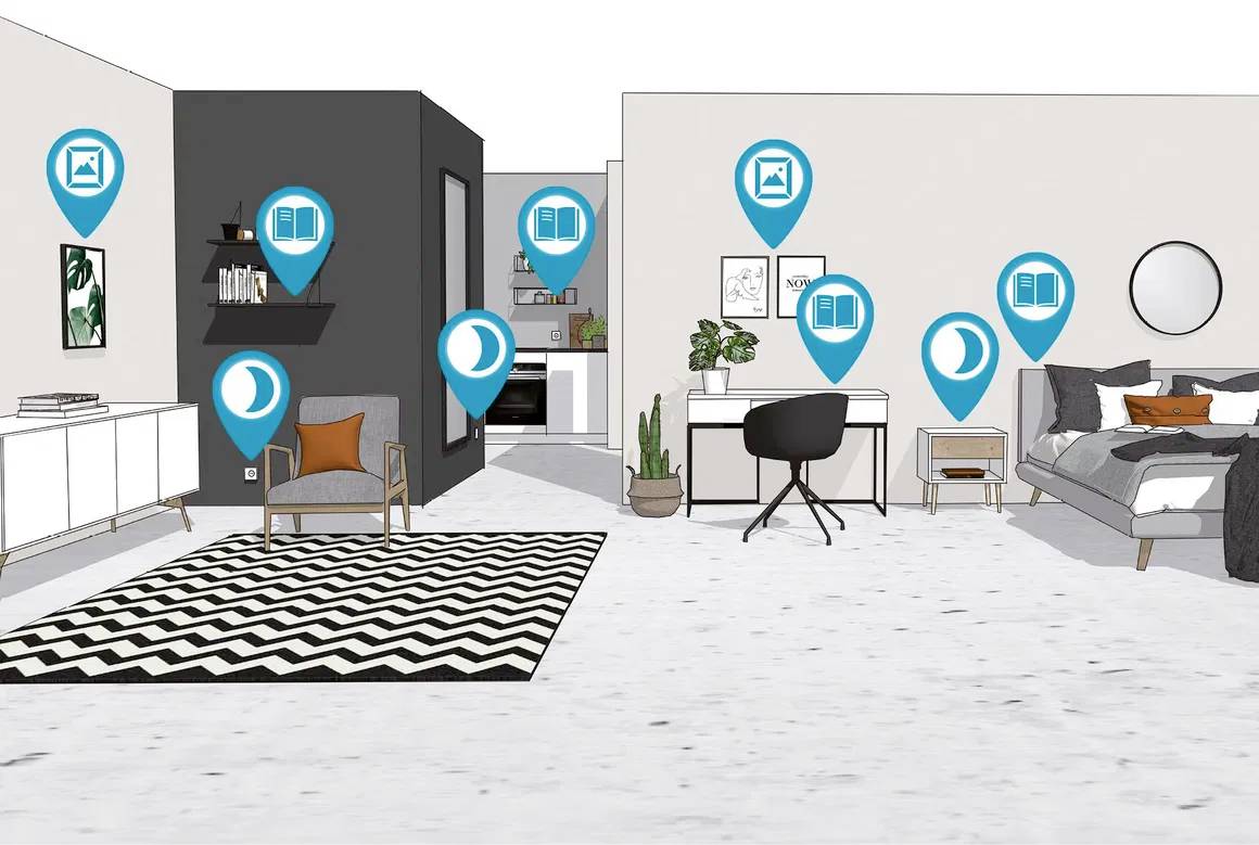 A stylish modern living room and bedroom in an open-plan layout. Blue symbols mark points of interest in the room.