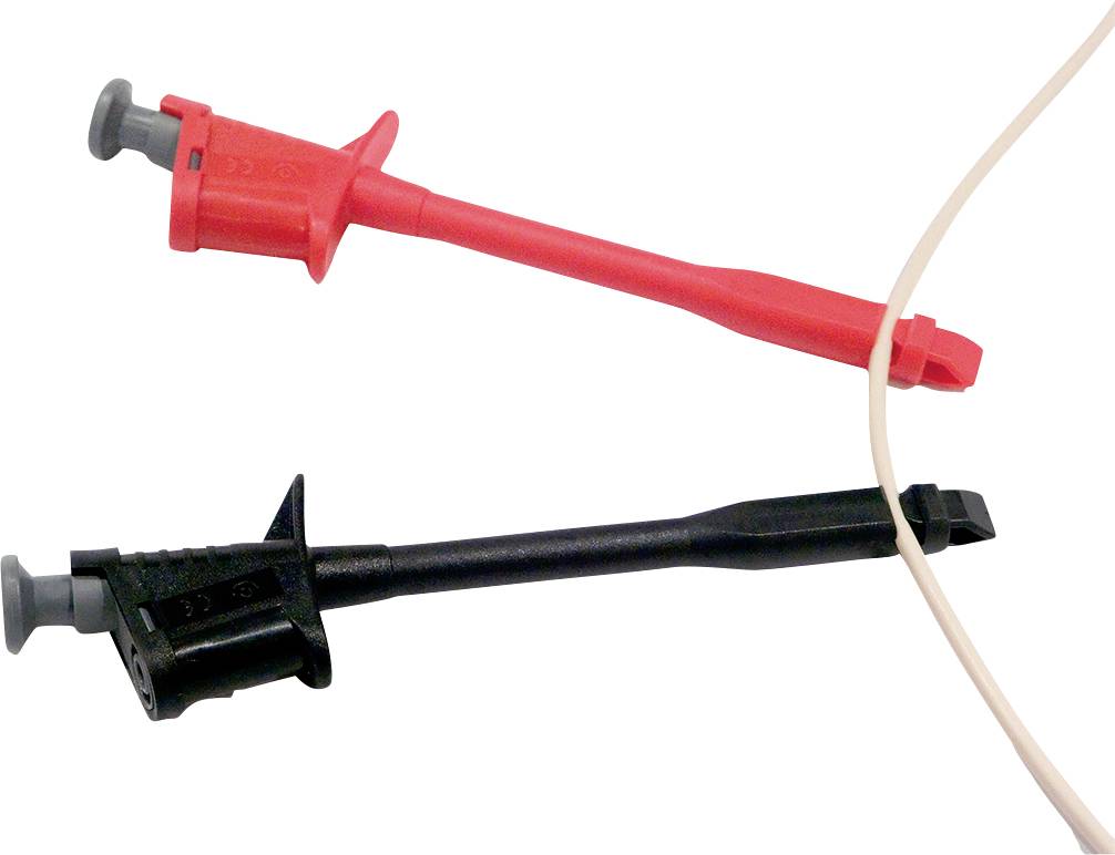 Two test probes: One red and one black, lying side by side. They are connected by a thin cable, which is visible on the right.
