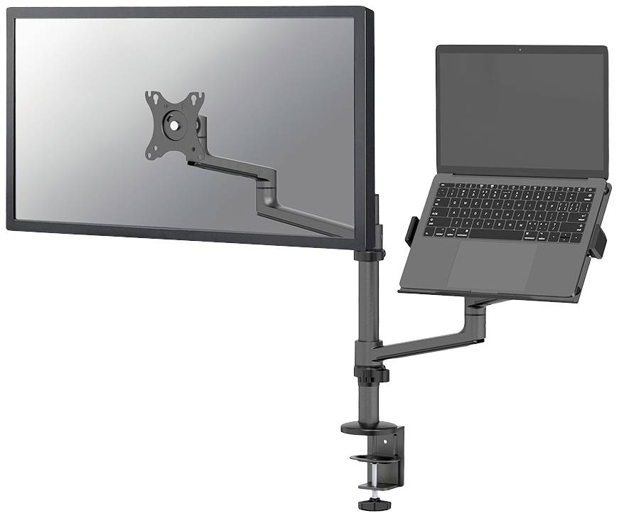 Monitor arm with stand, holding a screen and a laptop. Laptop is open, monitor mount is empty. Desk clamp attached.