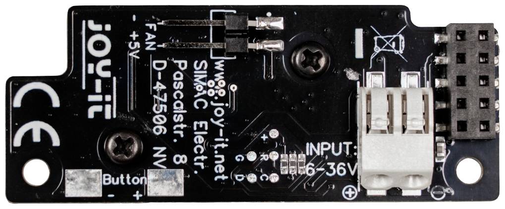 'Joy-it' electronic circuit board with connectors and switch. Black board with white labelling, including link to manufacturer's website.